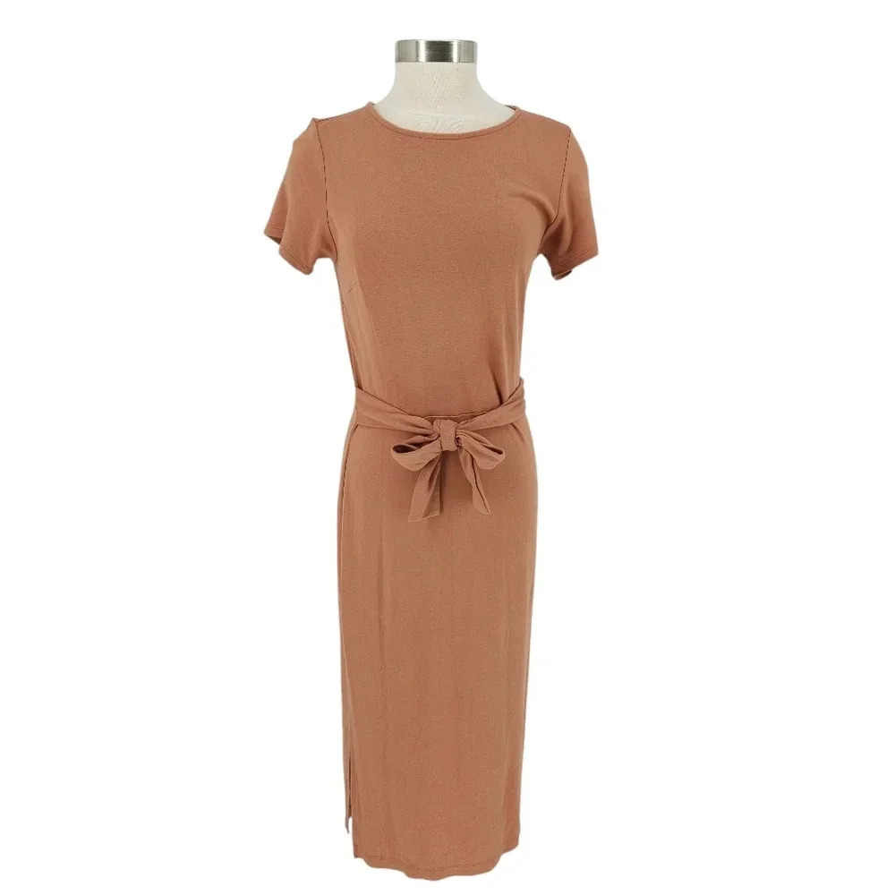 Old Navy Midi Sheath Shirt Dress Brown Short Sleeve Ponte Knit Tie Belt